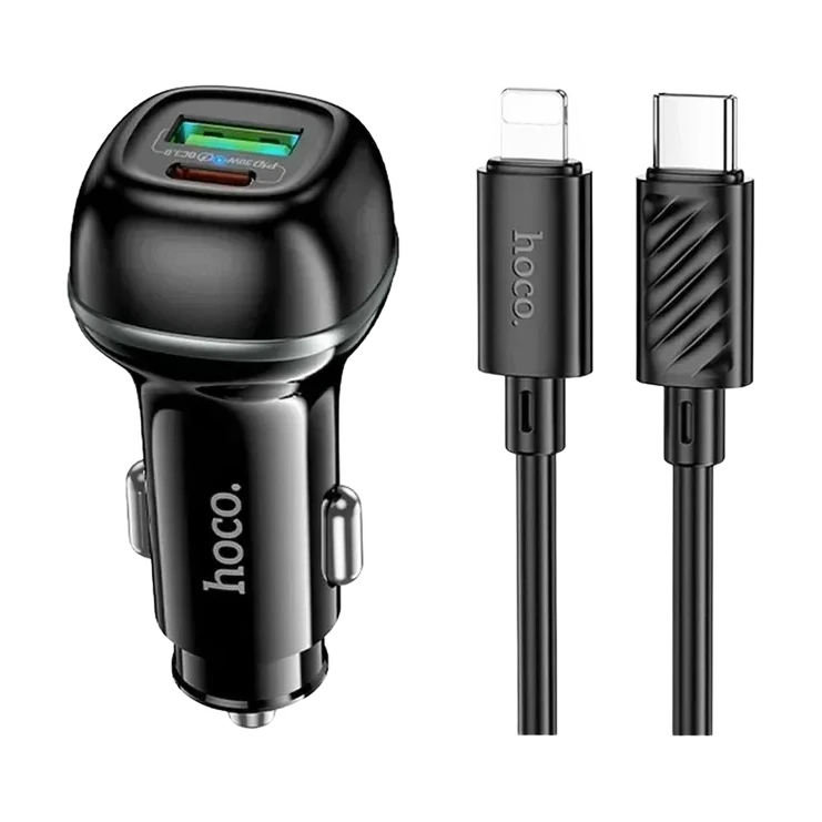 Автомобільний зарядний пристрій Hoco Z58A Rank 48 Вт з кабелем USB-C — Lightning, чорний